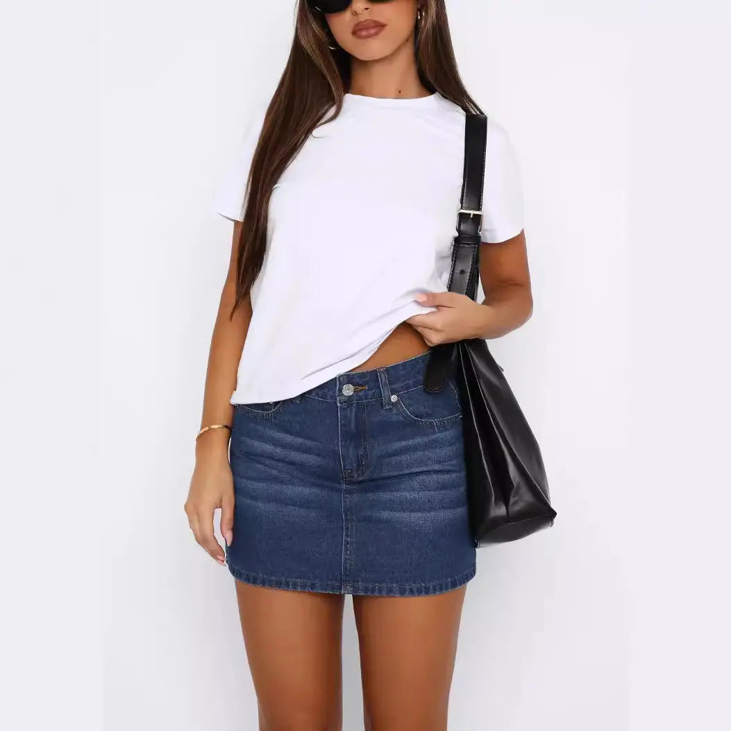 Jupe Denim Courte Streetwear Élégante Couleur Bleu