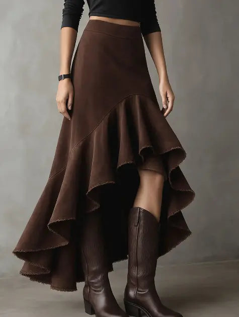 Jupe asymétrique fluide chocolat, tenue automne hiver – SecretBombe