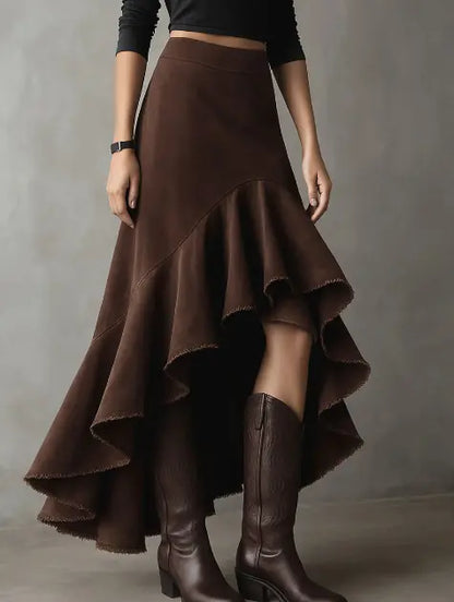 Jupe asymétrique fluide chocolat, tenue automne hiver – SecretBombe