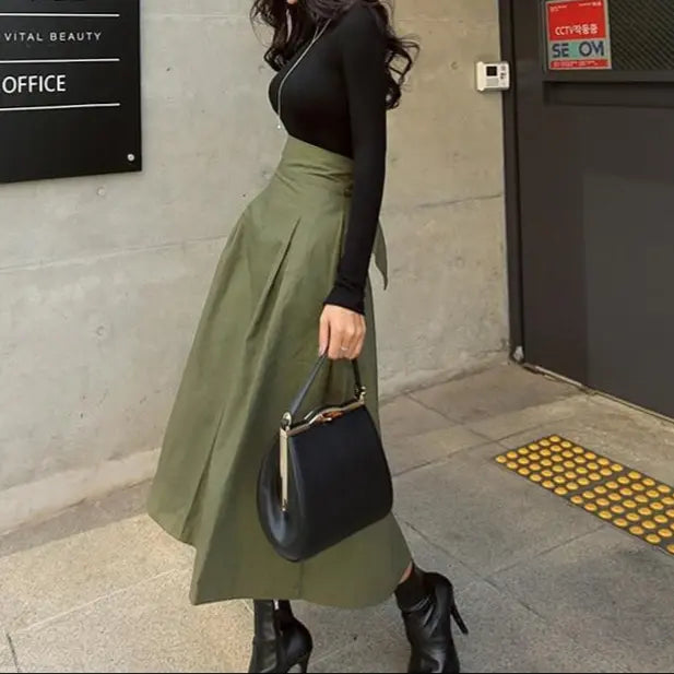 Jupe kaki femme mode, coupe trapèze moderne et élégante