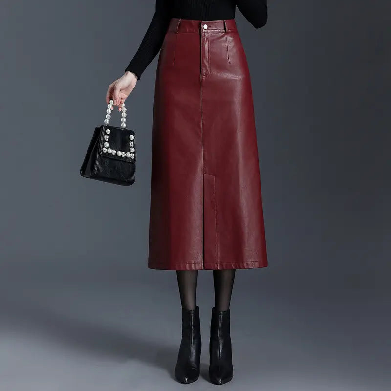 Jupe longue bordeaux en cuir vegan femme SecretBombe, modèle élégant taille haute
