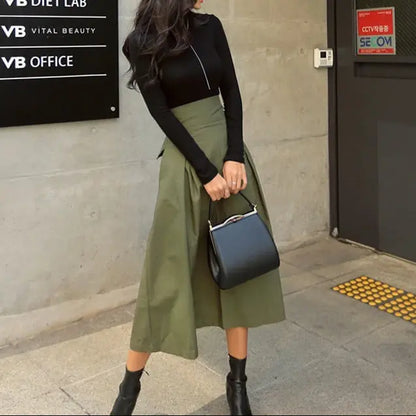 Jupe vert kaki  femme mode, coupe trapèze raffinée et facile à porter