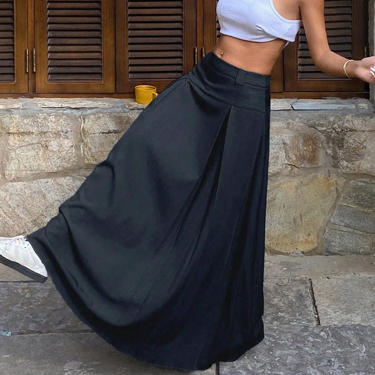 Jupe longue fluide taille haute elegante bleu marine SecretBombe