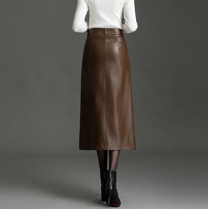 Jupe longue marron en cuir vegan femme SecretBombe à taille haute élégante