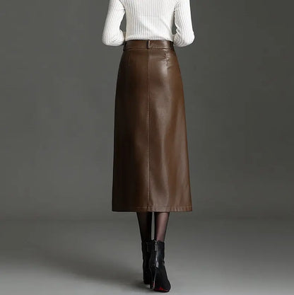 Jupe longue marron en cuir vegan femme SecretBombe à taille haute élégante