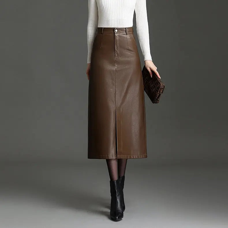 Jupe longue marron en cuir vegan femme SecretBombe, coupe droite chic et féminine