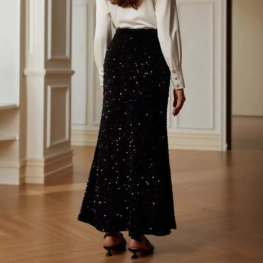 Jupe noire à paillettes femme SecretBombe, modèle long chic et élégant