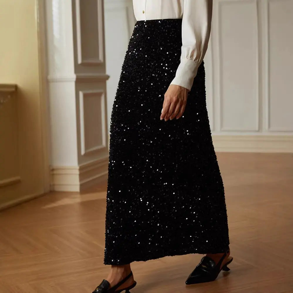 Jupe noire à sequins femme SecretBombe, modèle élégant pour tenue de soirée