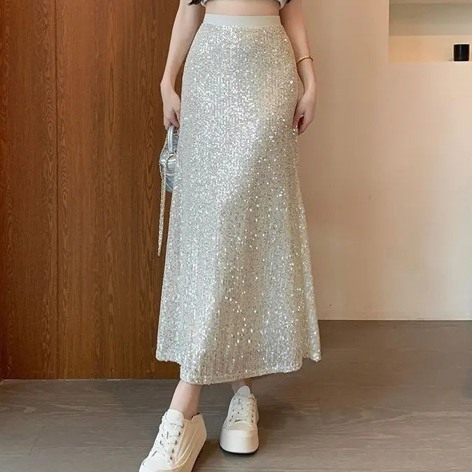 Jupe à sequins beige femme SecretBombe, modèle long scintillant au style chic