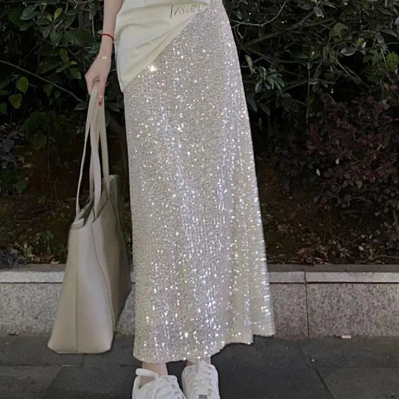 Jupe à sequins beige femme SecretBombe, taille haute et coupe longue scintillante