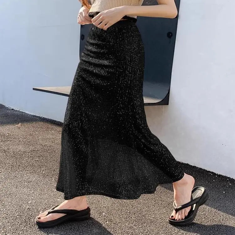 Jupe longue à sequins noire femme SecretBombe, taille haute et coupe élégante