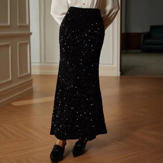 Jupe longue noire à sequins femme SecretBombe, coupe élégante et scintillante