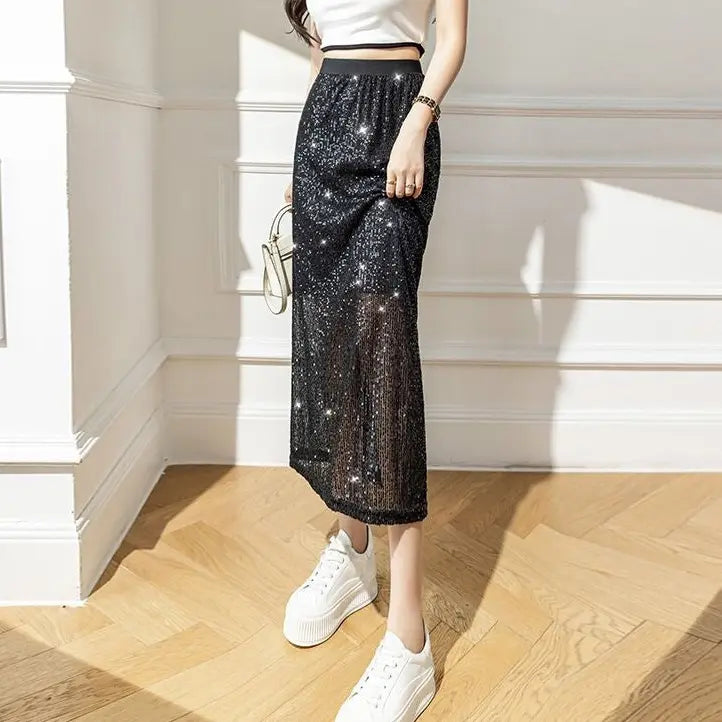Jupe longue à sequins noire femme SecretBombe, modèle brillant chic et féminin