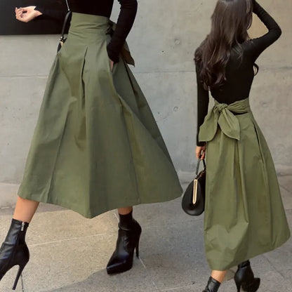 Jupe mi-longue kaki trapèze pour femme, style casual et raffiné
