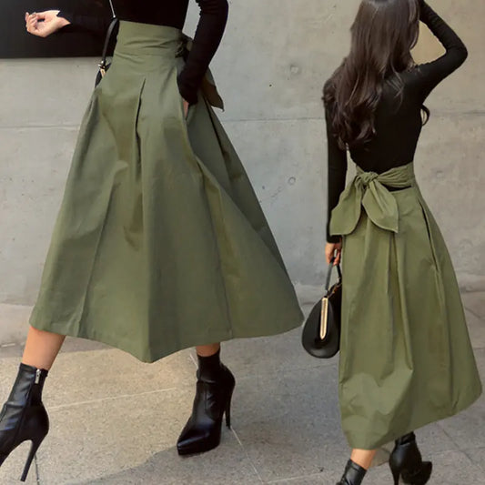 Jupe mi-longue kaki trapèze pour femme, style casual et raffiné