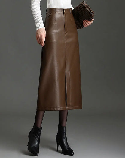 Jupe marron en cuir vegan femme SecretBombe, longueur midi et coupe élégante