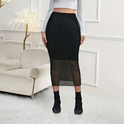 Jupe midi noire tendance femme SecretBombe avec empiècement transparent et silhouette élégante