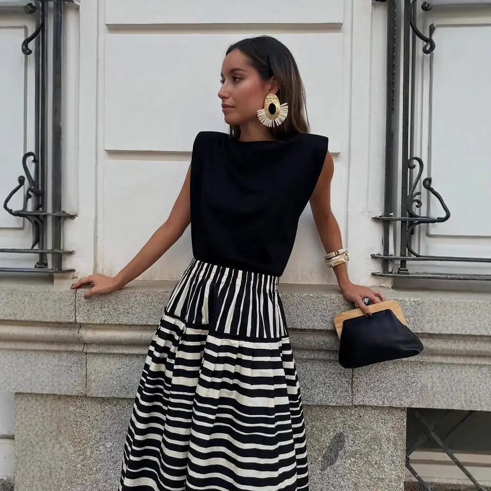 Jupe longue femme SecretBombe à rayures noir et blanc, coupe ample et féminine