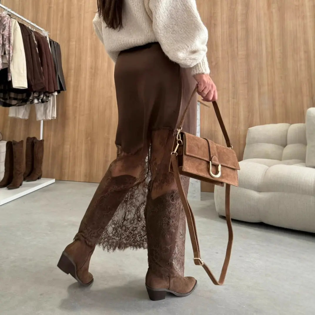 Jupe midi en dentelle transparente pour femme, look chic et moderne