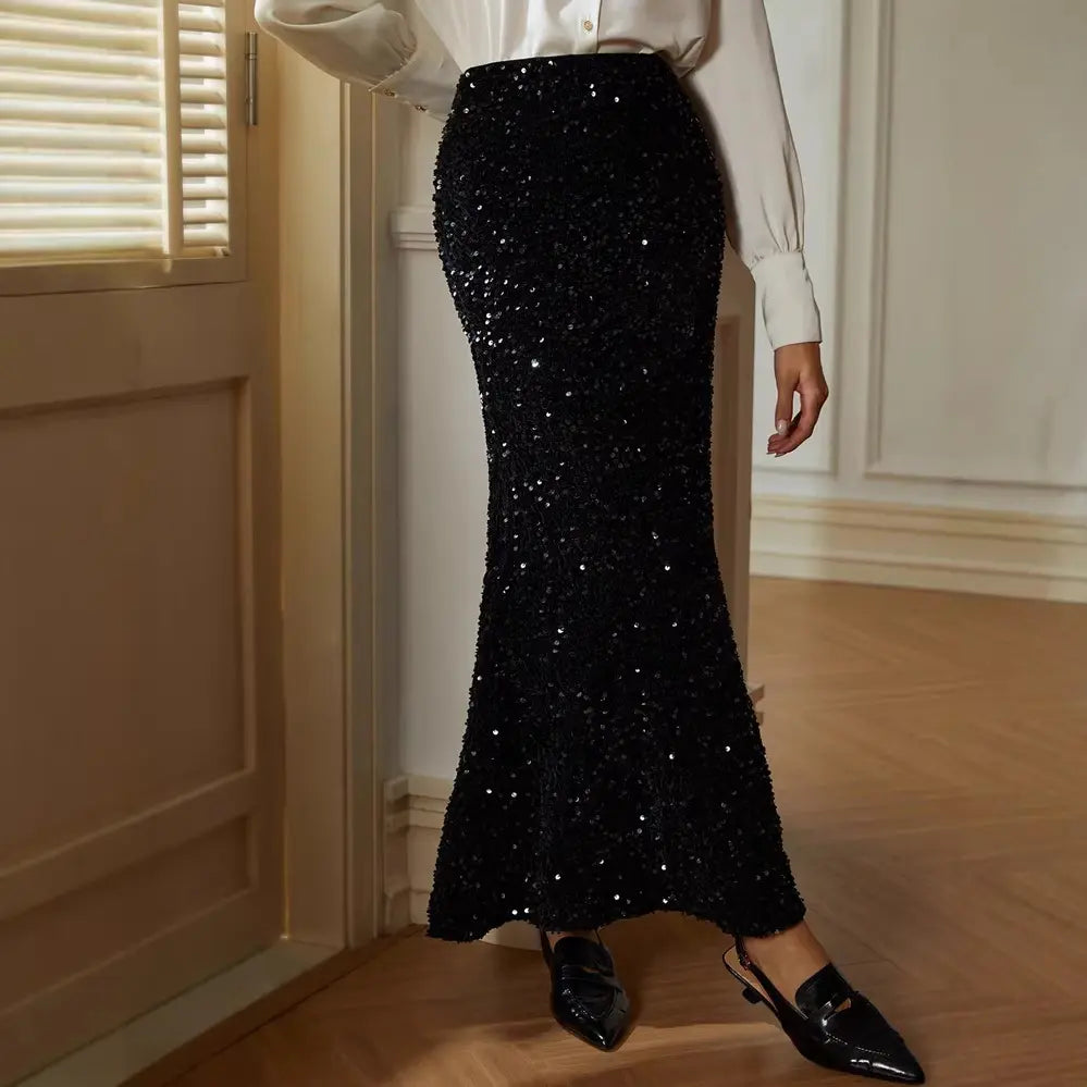 Jupe longue pailletée noire femme SecretBombe, style chic et raffiné pour soirée