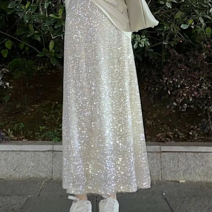 Jupe longue à sequins beige femme SecretBombe, taille haute et coupe évasée élégante