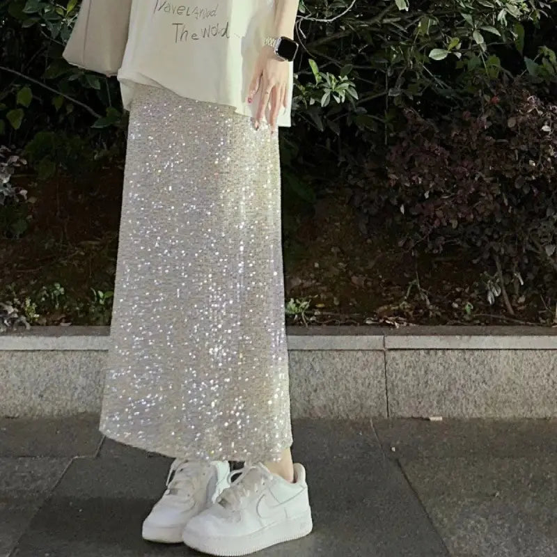 Jupe longue pailletée beige femme SecretBombe, coupe évasée chic et féminine