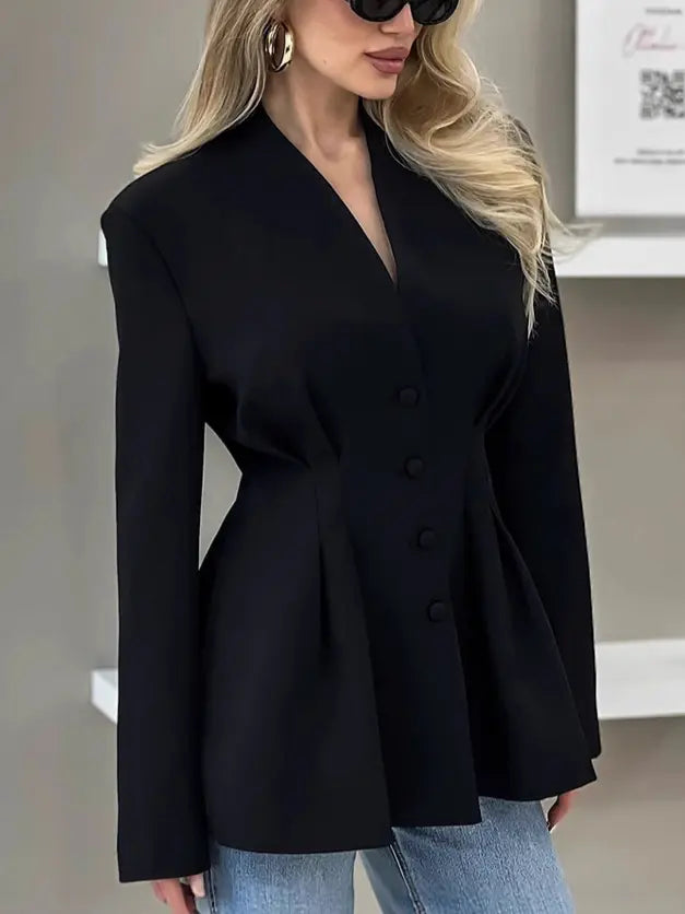 Détail col V et manches longues blouse blazer femme noir — SecretBombe