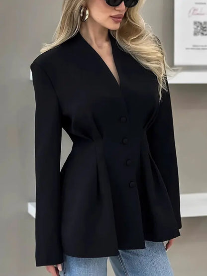 Détail col V et manches longues blouse blazer femme noir — SecretBombe