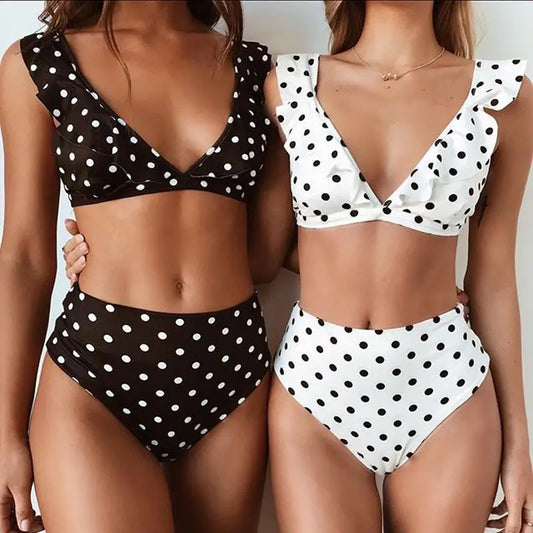 Bikini femme rétro à pois avec volants et taille haute | SecretBombe