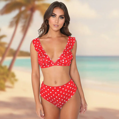 Maillot de bain deux pièces rouge à pois blancs taille haute | SecretBombe