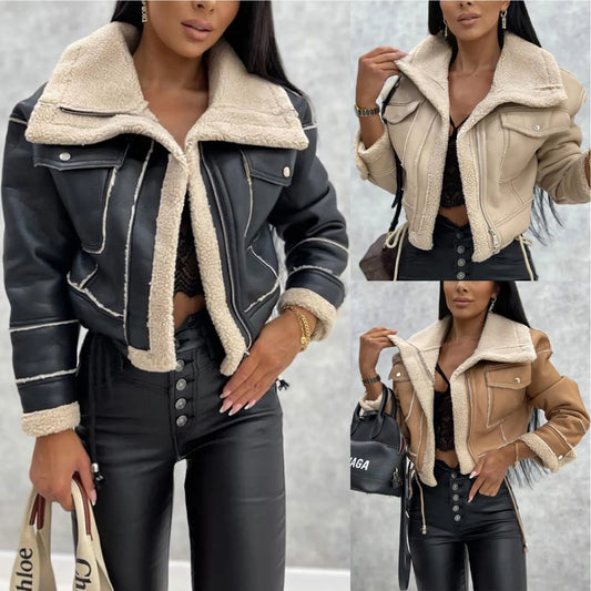 Manteau court femme écru effet cuir avec col et doublure aspect fourrure SecretBombe