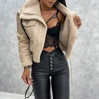 Manteau court femme écru effet cuir avec col et doublure aspect fourrure SecretBombe