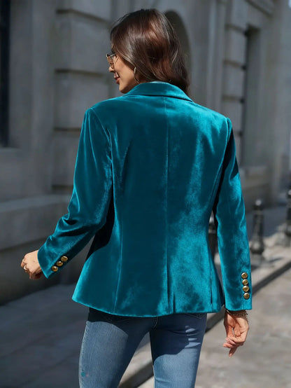 Vue de dos du manteau blazer femme bleu canard en velours SecretBombe
