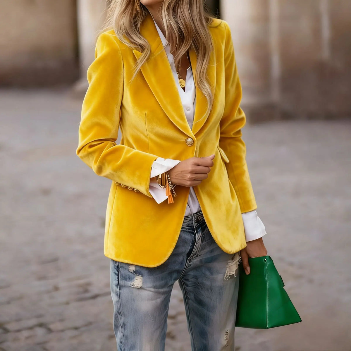 Manteau blazer femme jaune vif aspect velours avec bouton devant SecretBombe