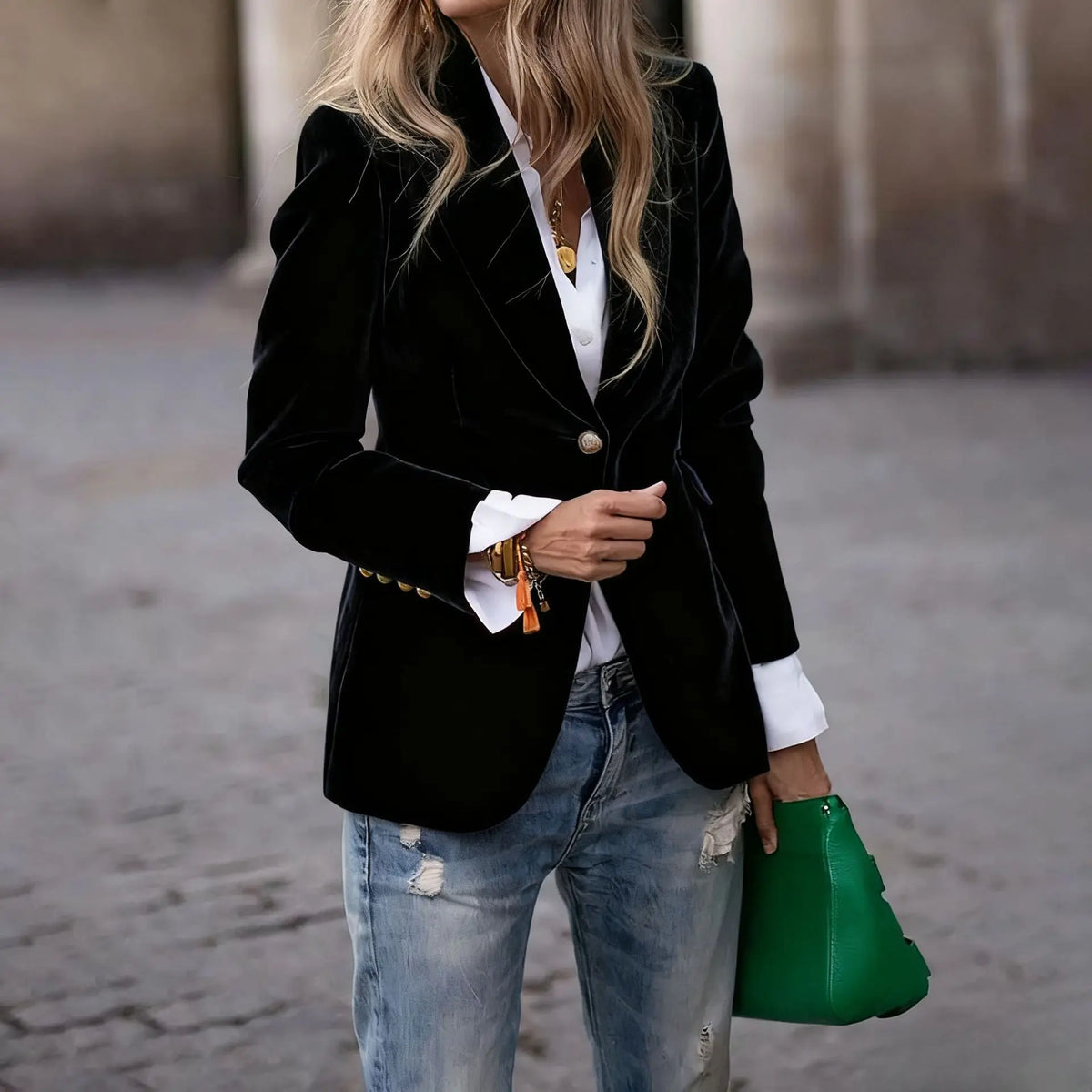 Manteau femme noir style blazer en velours avec col à revers et bouton SecretBombe