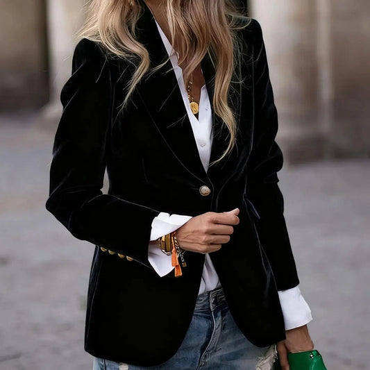 Manteau femme noir style blazer en velours avec col à revers et bouton SecretBombe