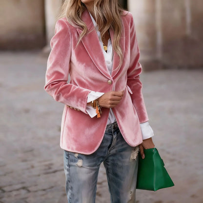 Manteau blazer femme rose aspect velours avec coupe cintrée SecretBombe