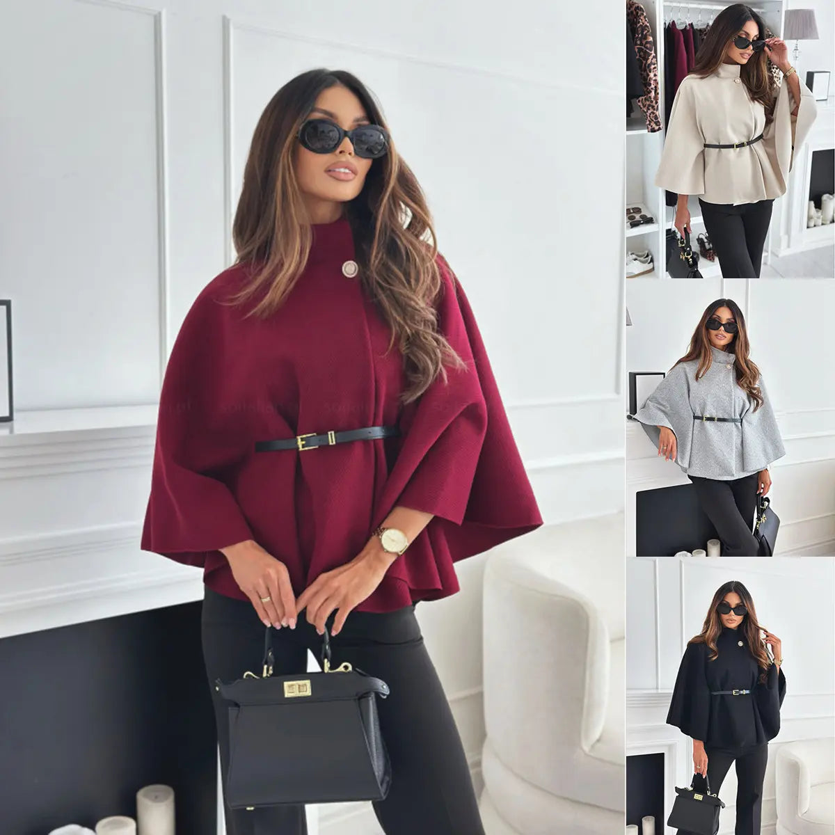 Manteau poncho femme bordeaux avec manches amples et taille marquée SecretBombe