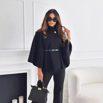 Manteau cape femme noir à coupe ample avec ceinture à la taille SecretBombe