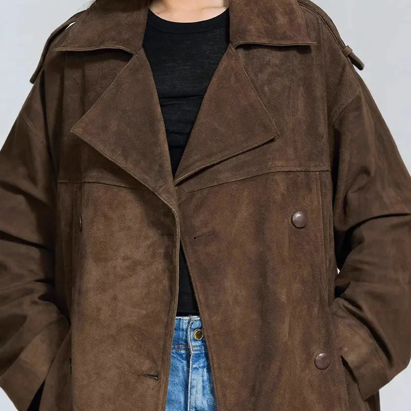 Détail du manteau marron effet daim à col large et boutons – SecretBombe