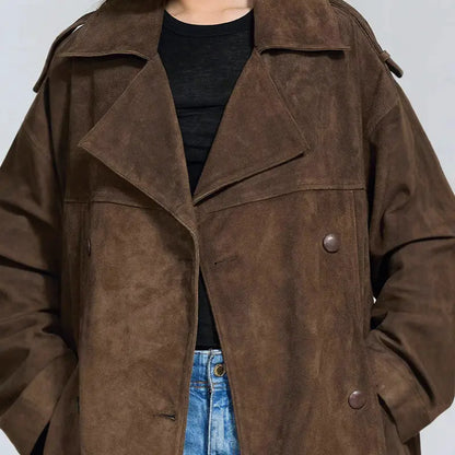 Détail du manteau marron effet daim à col large et boutons – SecretBombe