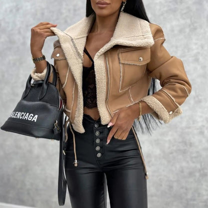 Manteau aviateur femme beige avec col épais aspect fourrure SecretBombe