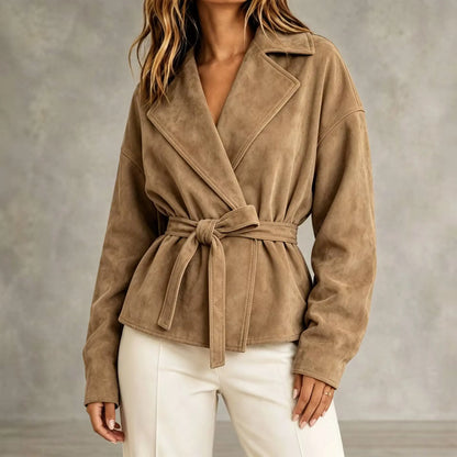 Manteau court femme beige effet daim avec col à revers et coupe ample SecretBombe