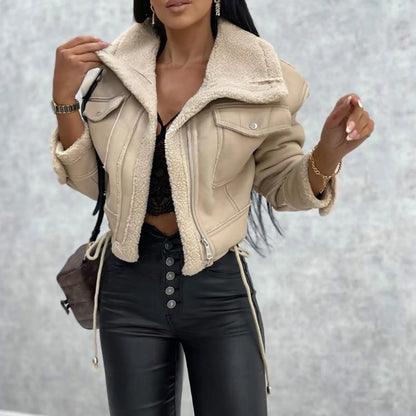 Manteau court femme écru style aviateur avec col à revers épais SecretBombe