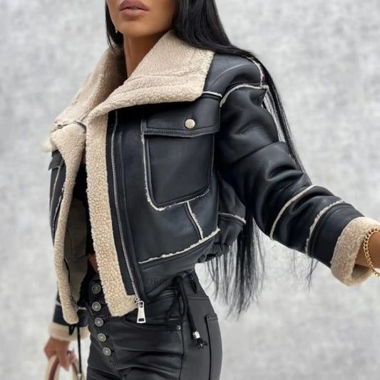 Manteau court femme noir style aviateur avec col écru effet fourrure SecretBombe