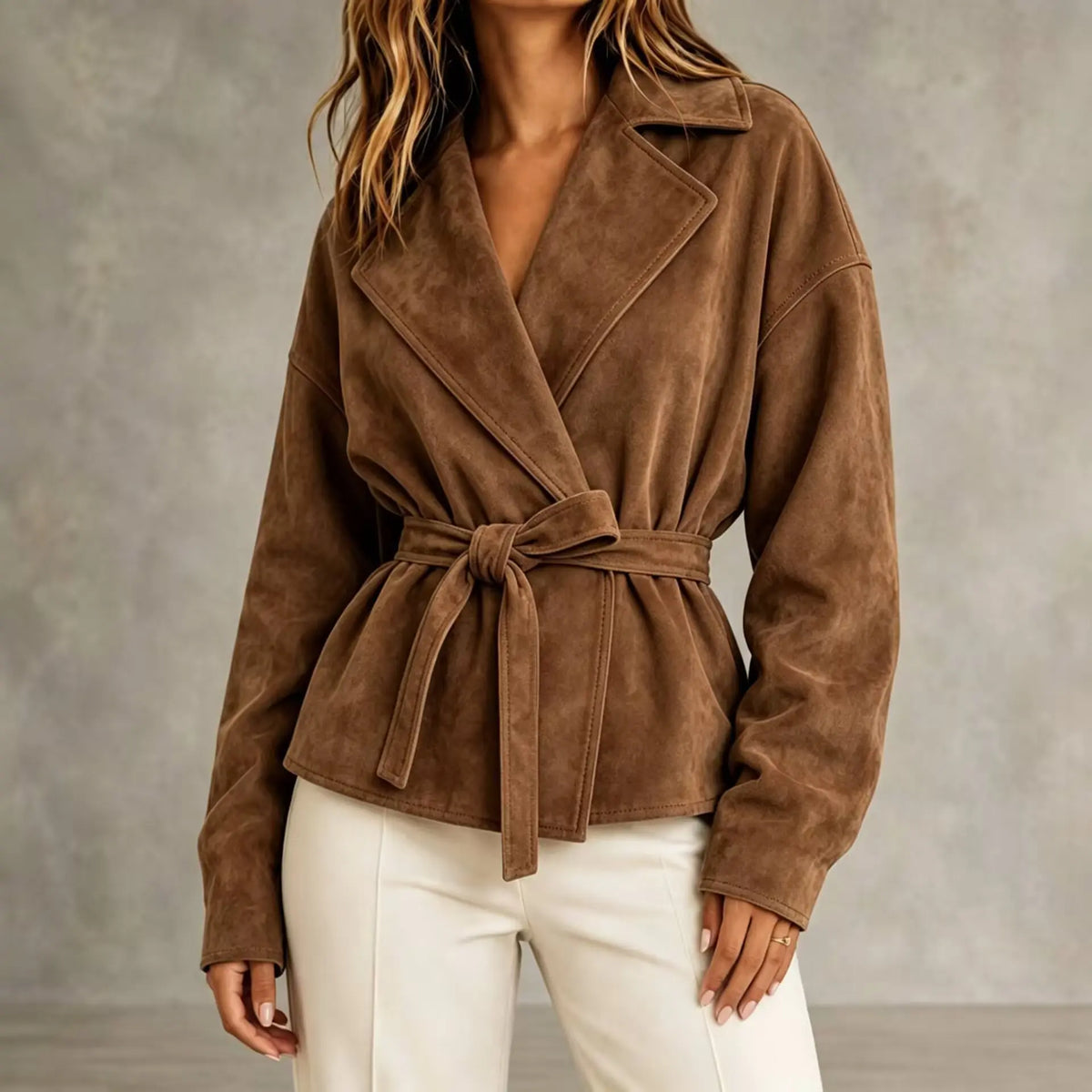 Manteau court femme marron effet daim avec col à revers et ceinture à nouer SecretBombe