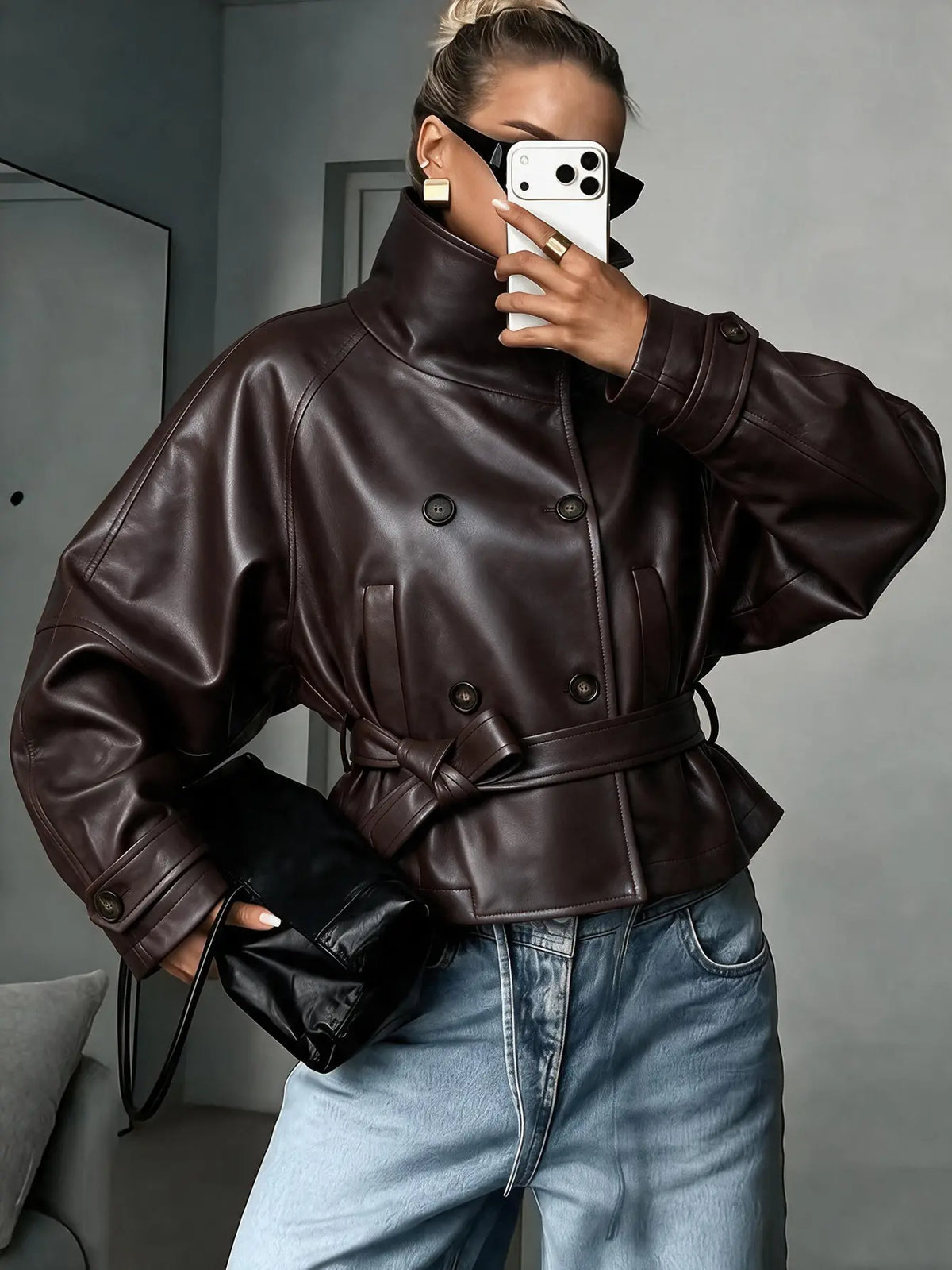 Manteau femme marron effet cuir à coupe cintrée avec manches longues SecretBombe