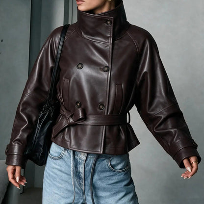 Manteau court femme marron foncé effet cuir avec col montant et ceinture SecretBombe