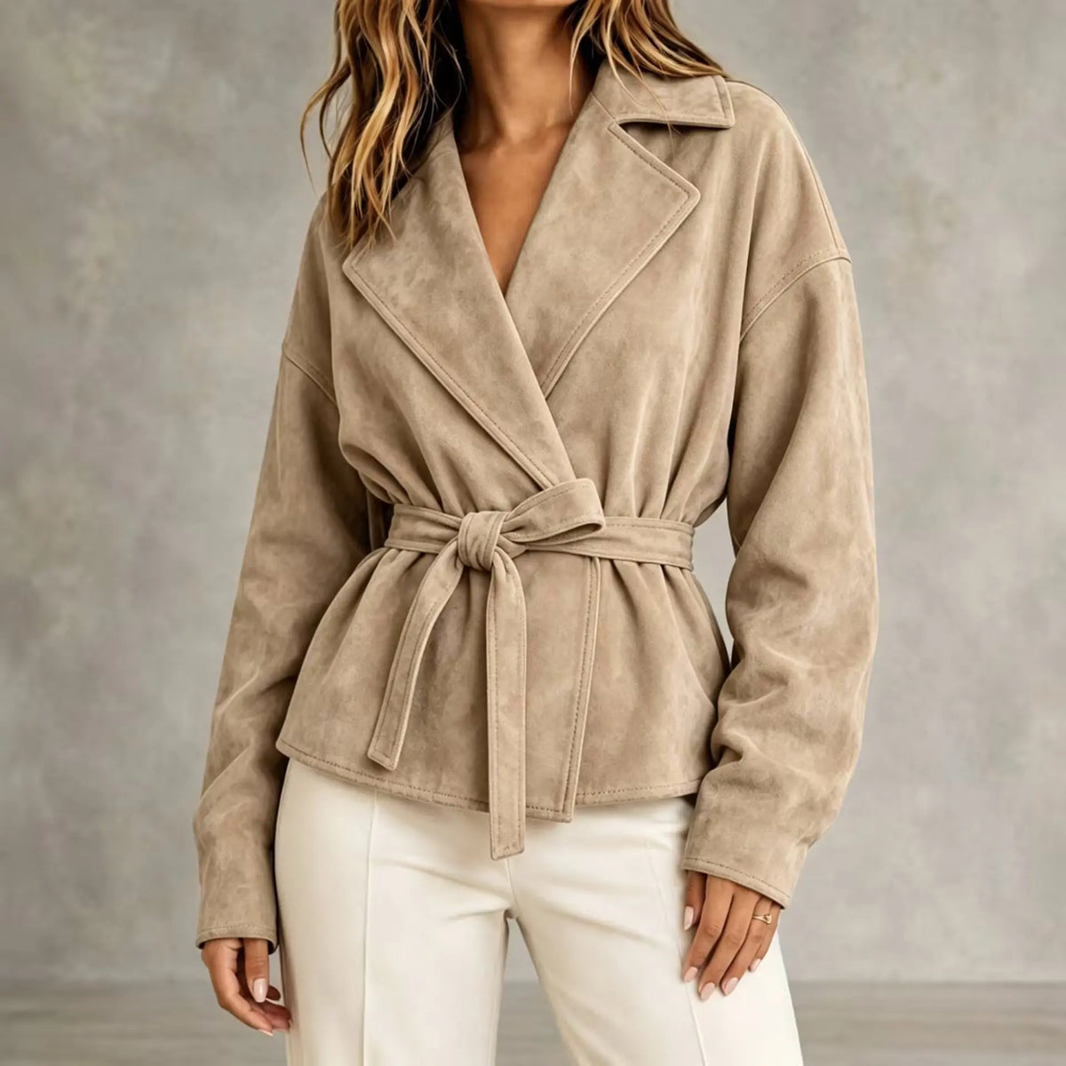 Manteau court femme ecru effet daim avec col à revers et ceinture à nouer SecretBombe