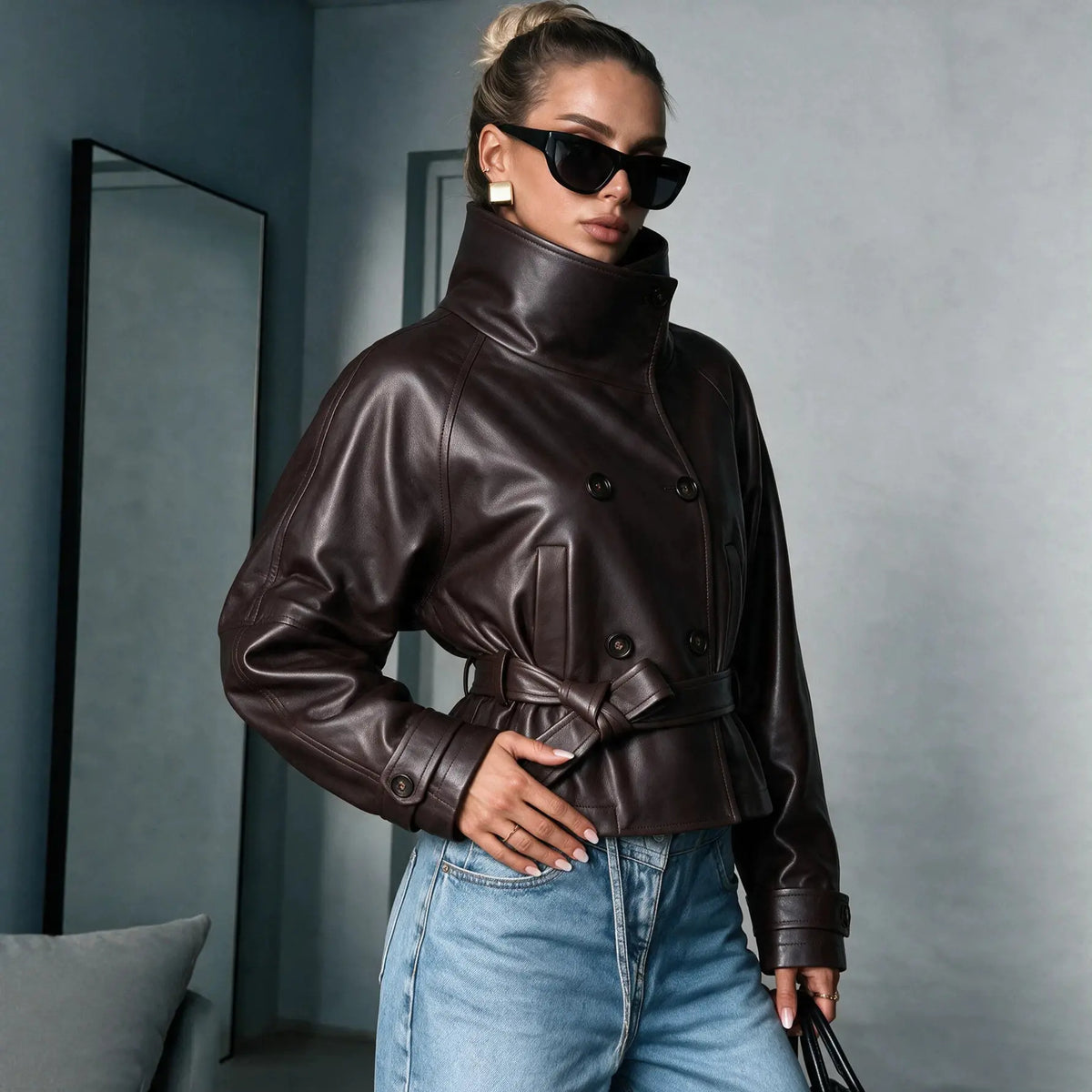 Manteau court femme marron foncé effet cuir avec col montant et ceinture SecretBombe